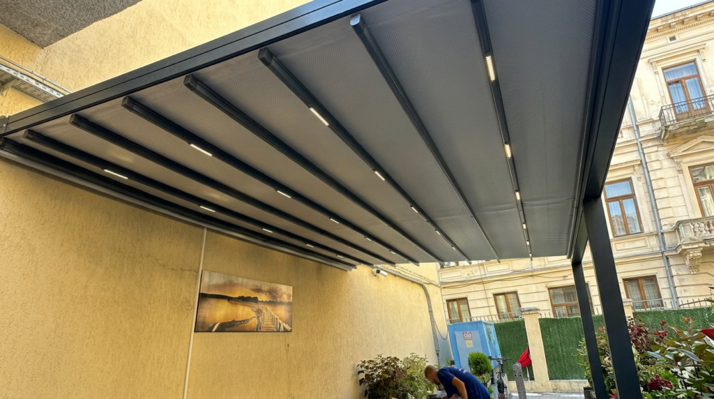 Класическа пергола с текстилен прибиращ се покрив и LED осветление